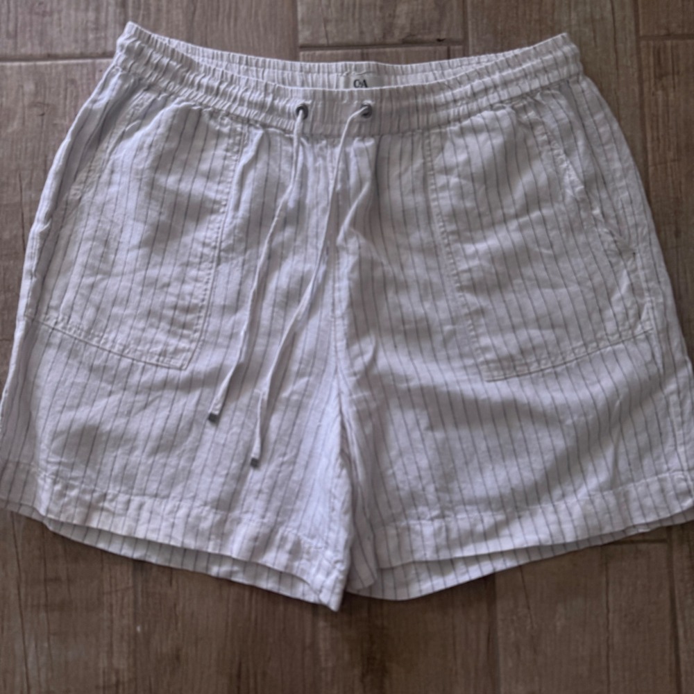 C&A Womens White Navy Pinstripe Linen Blend Drawstring Shorts Size Medium